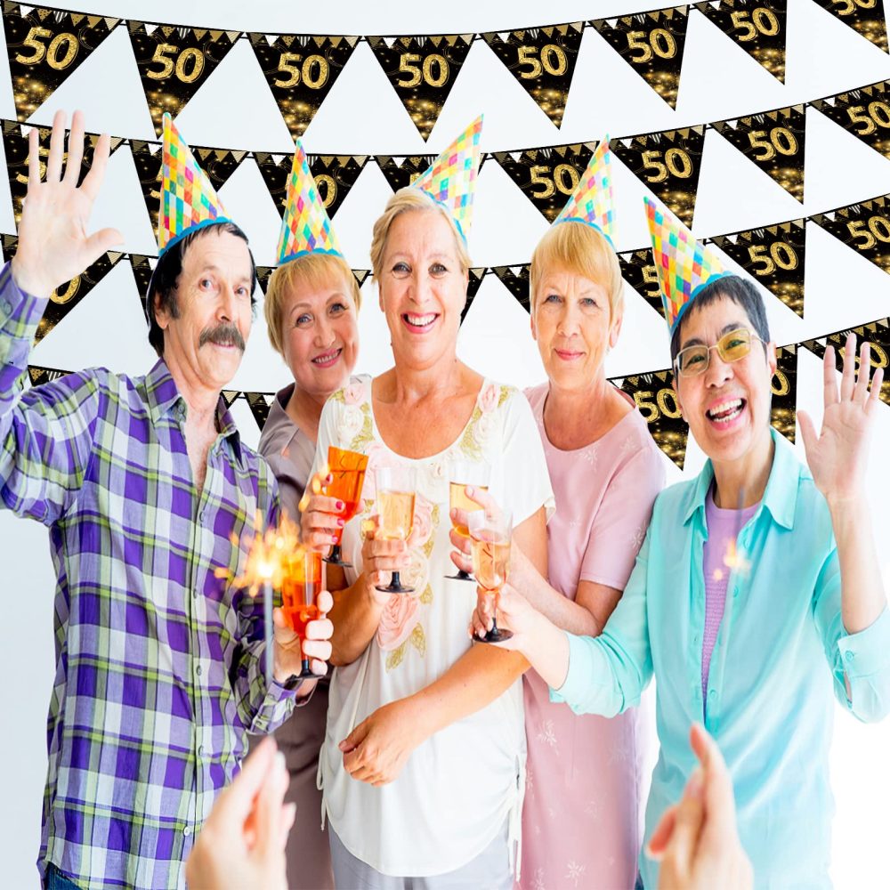 KTFNOMES Happy 50th Birthday Banner Bunting Flags Gold and Black Glitter Anniversary Party Decoration Supplies,50th Birthday Triangle Flag Banners for Men Women,7.1 x 10.2 inch,40 Pieces - Image 3