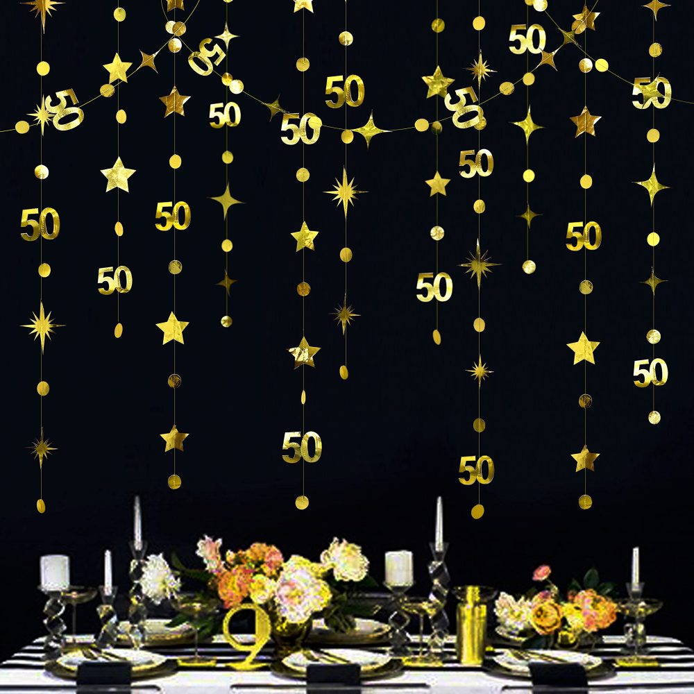 Gold 50th Birthday Decorations Number 50 Circle Dot Twinkle Star Garland Metallic Hanging Bunting Banner Streamer Backdrop for 50 Year Old Happy Birthday 50th Anniversary Fiftieth Party Decor Supplies - Image 6