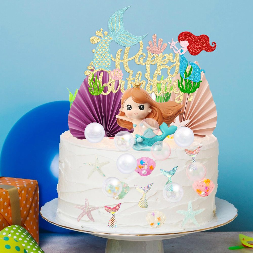 Gyufise 32Pcs 3D Mermaid Under the Sea Cake Toppers Set Mermaid Tail Starfish Seaweed Shell Bubble Palm Leaf Cupcake Picks for Under the Sea Theme Baby Shower Birthday Party Cake Decorations Supplies - Image 2