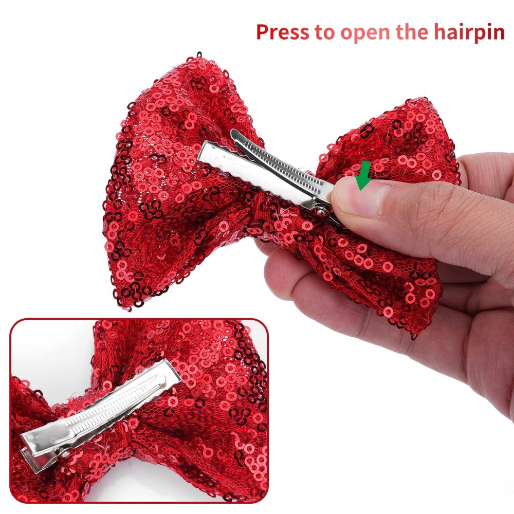 Sibba Glitter Hair Bows Clips 4 Packs Large Hair Pins Barrettes 4 Inch Red Sequins Sparkly Lace Nylon Mesh Alligator Ponytail Holder Valentines Easter Day Halloween School Accessories Women Girl - Image 4