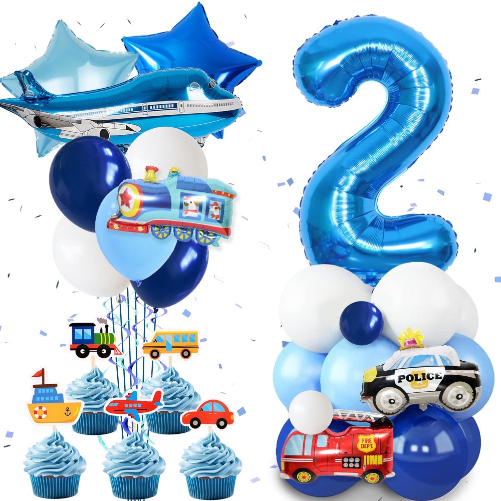 Transportation 2nd Birthday Decorations Boy - Blue Transportation 2nd Party Supplies with Numbers Stars Car Foil Balloons Cupcake Topper for 2 Year Olds Vehicle Theme Party