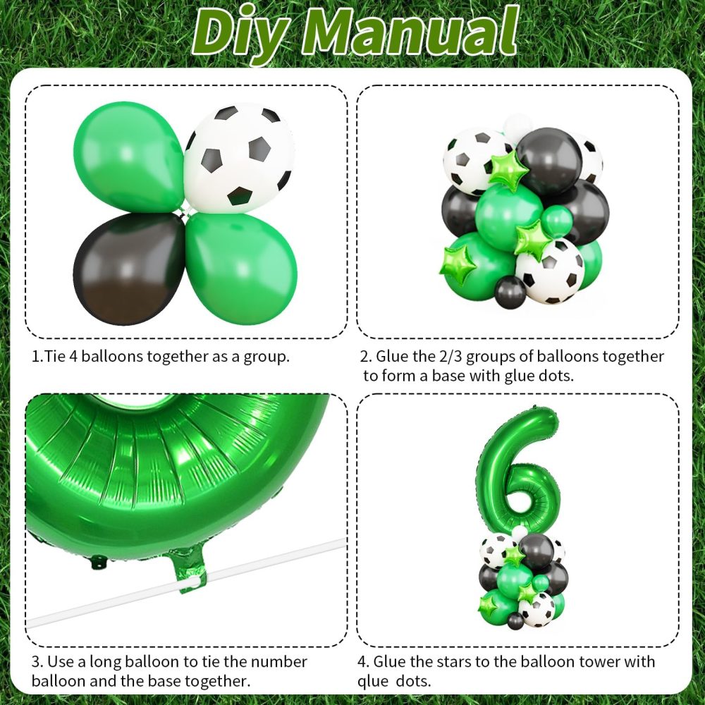 Football Balloons 6th Birthday Decorations for Boy, Soccer Birthday Party Decorations with Dark Green Number Balloon 6, Black Green White Balloons for World Cup Football Sports Theme Party Supplies - Image 3