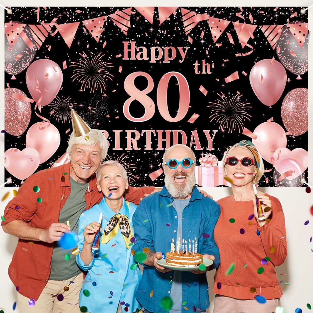 Happy 80th Birthday Backdrop Banner, Black Rose Gold Birthday Party Decoration, Large 80th Birthday Sign Poster Photo Booth Background for Women Men Birthday Party Decor - Image 4