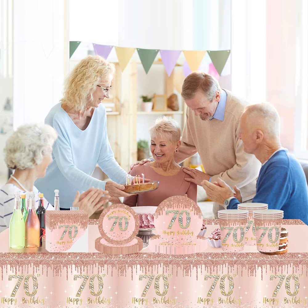 137*274cm Rose Gold 70th Birthday Table Cloth 70th Party Table Decorations,70th Birthday Tablecover Rose Gold Plastic Disposable Waterproof Table cover for Women Her Birthday Party Decorations - Image 3