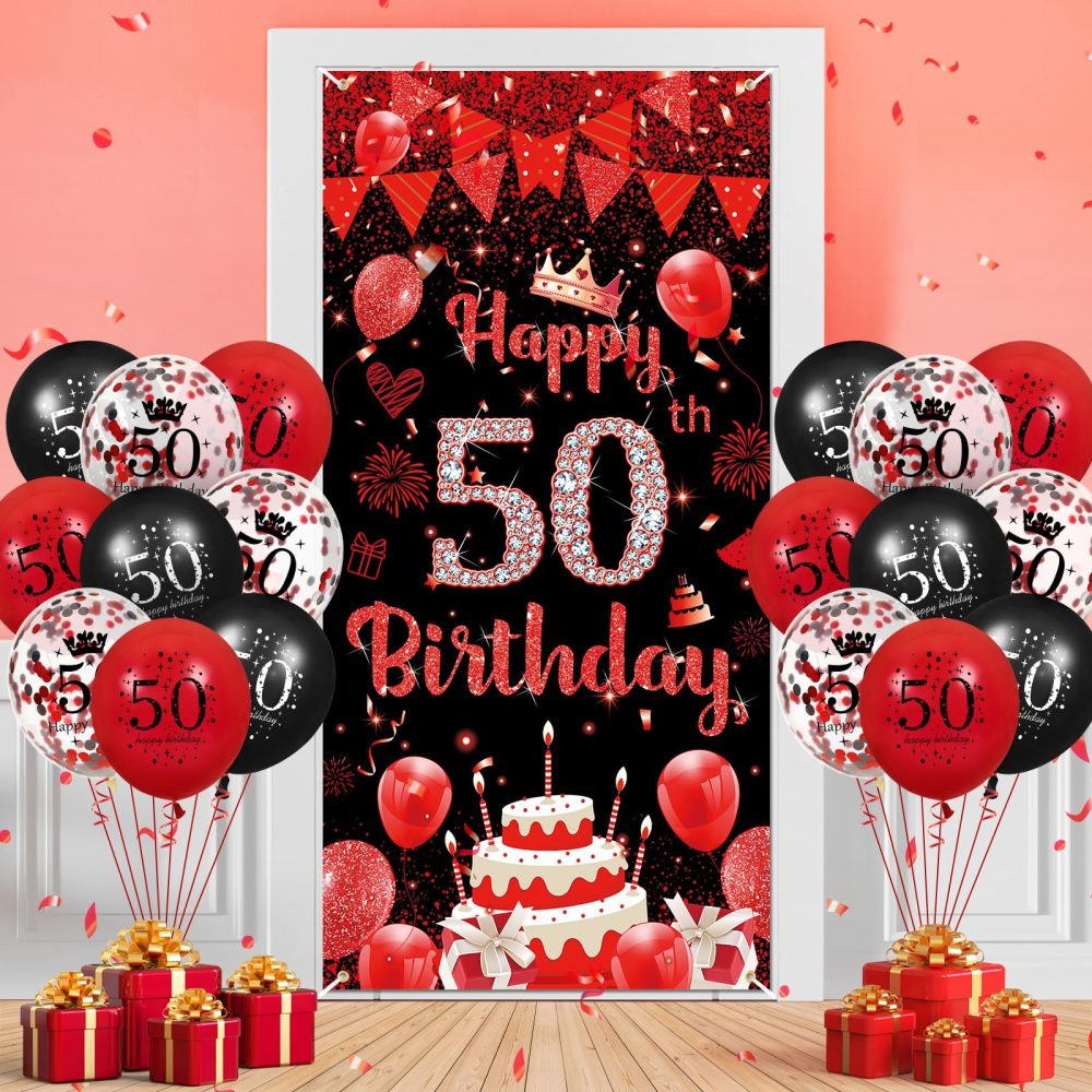 Red 50th Birthday Decorations for Women Men, Red Black Happy Birthday Party Door Banner Cover 18PCS 50th Red Birthday Balloons Supplies for 50 Years Old Birthday Anniversary Party Backdrop Decor - Image 2