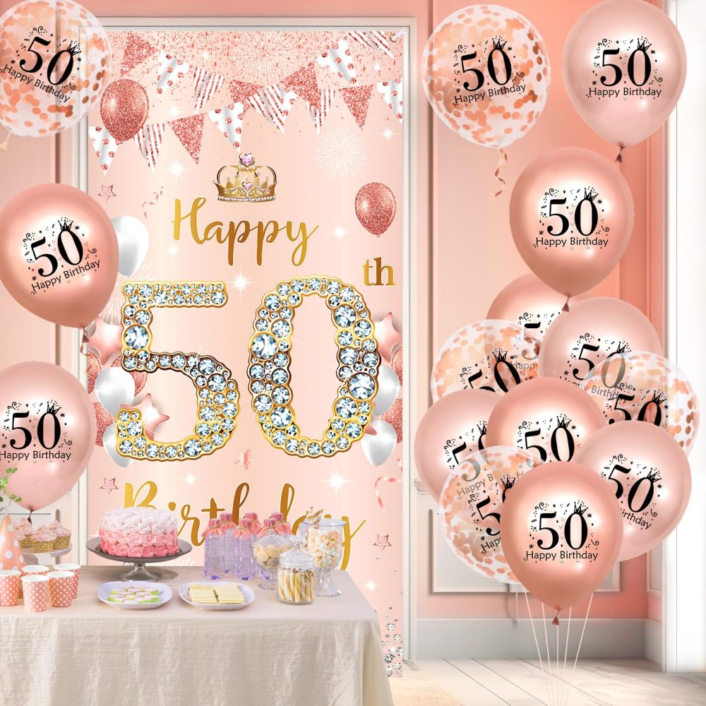 Rose Gold 50th Birthday Decorations Banner for Women, Happy 50th Birthday Door Banner with 18pcs 50th Balloons for Women 50th Birthday Anniversary Party Backdrop Decor Supplies Sign Porch Background - Image 5