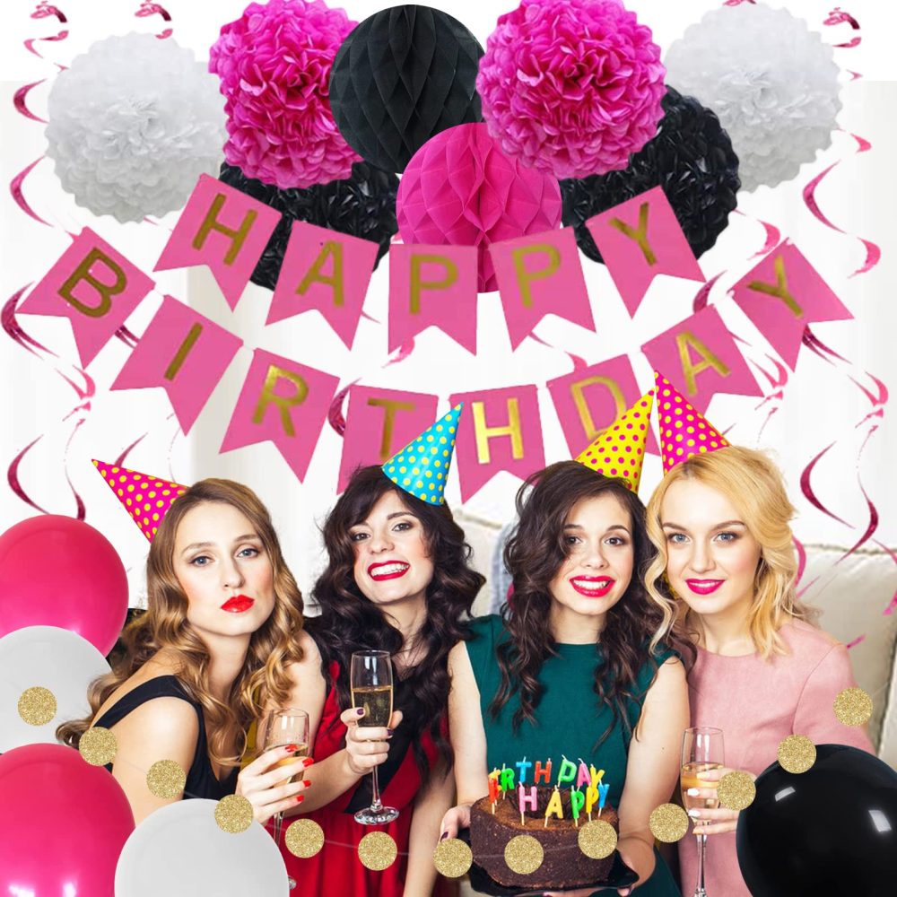 Hot Pink Black White Birthday Decorations for 1st 16th 18th 21th 30th 40th 50th 60th 70th Birthday, Happy Birthday Banner with Tissue Pompoms Balloons for Birthday Party Supplies for Women Girls - Image 3