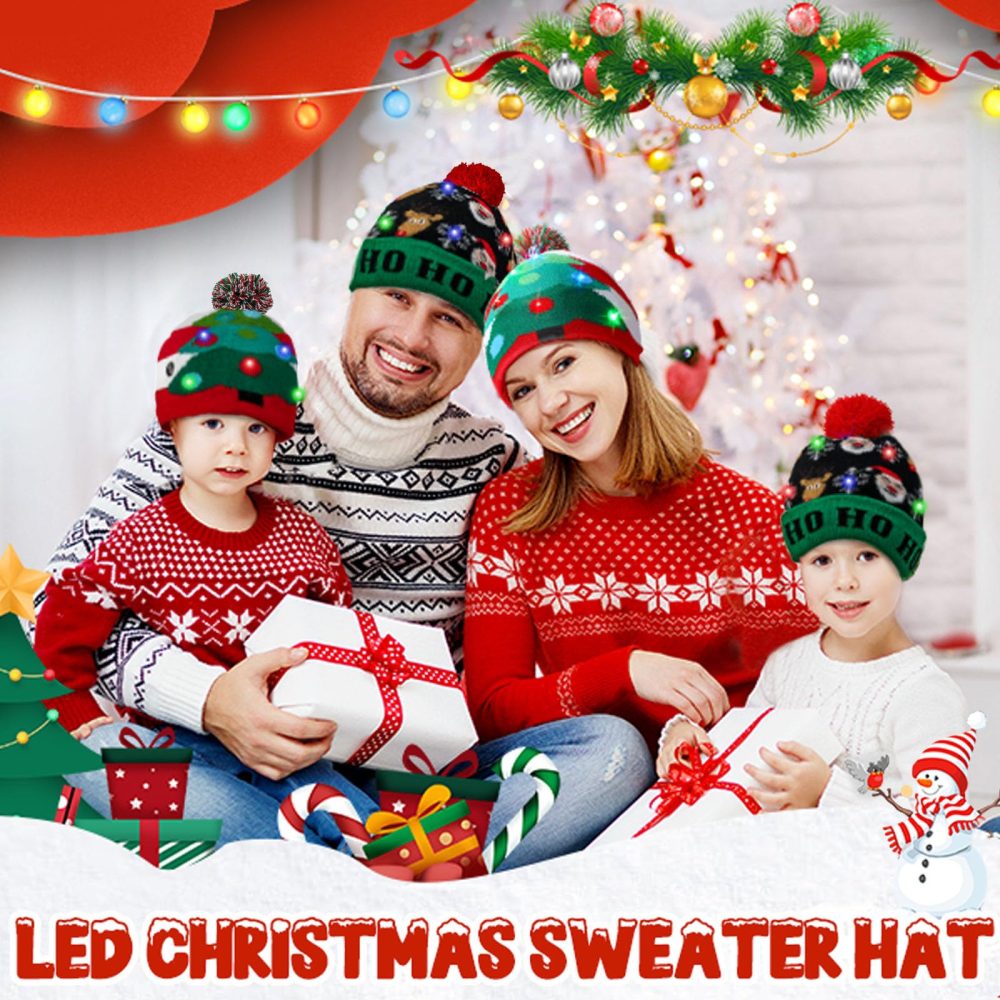 SHOKUTO 2Pcs Christmas LED Light Up Hat, Xmas Beanie Knitted Hat, 6 Colorful LED Unisex Novelty LED Christmas Hat Ugly Sweater Holiday Beanie Cap for Children and Adult - Image 5