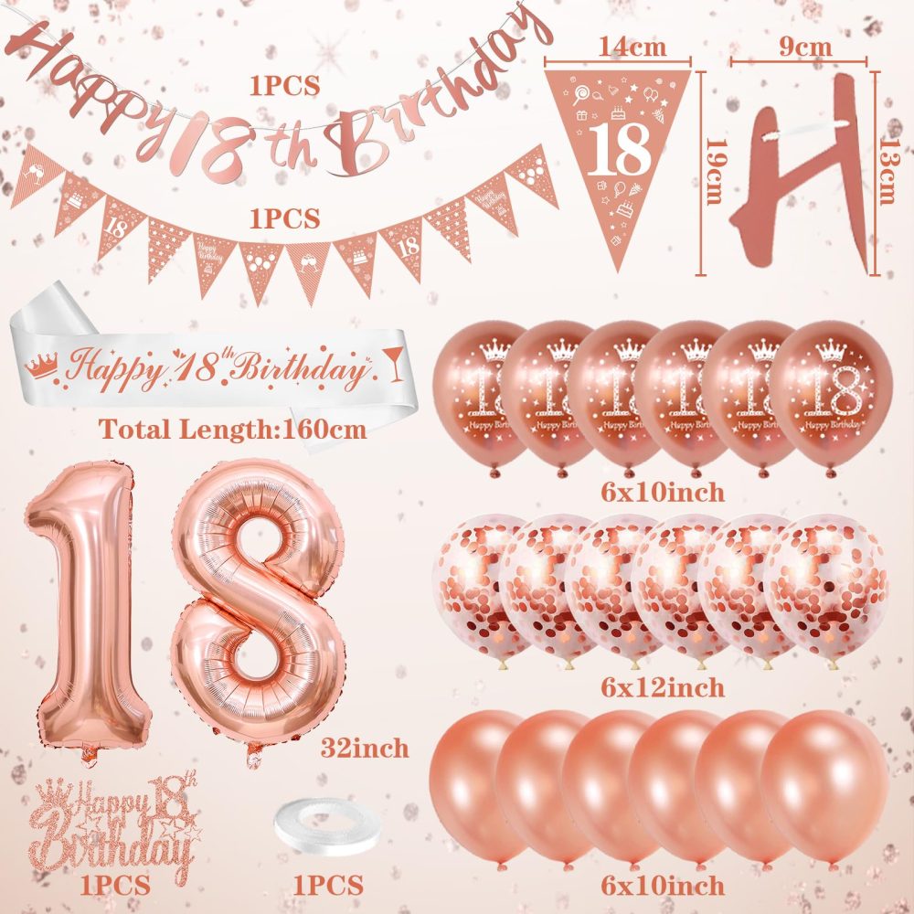 18th Birthday Decorations, Rose Gold 18th Birthday Decorations for Girls,Happy 18th Birthday Banner Triangle Flag Bunting 18th Birthday Sash 18 Balloons Cake Topper for Happy 18 Party Supplies Favor - Image 7