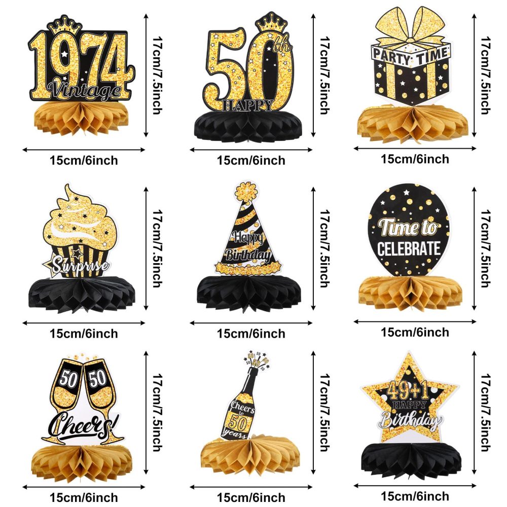 Radsocken 9Pcs 50th Birthday Honeycomb Centerpieces Decorations with String Lights for Women,Gold Black1974 Years Happy Birthday Table Topper 50th Birthday Gifts for Women Men Party Supplies - Image 8