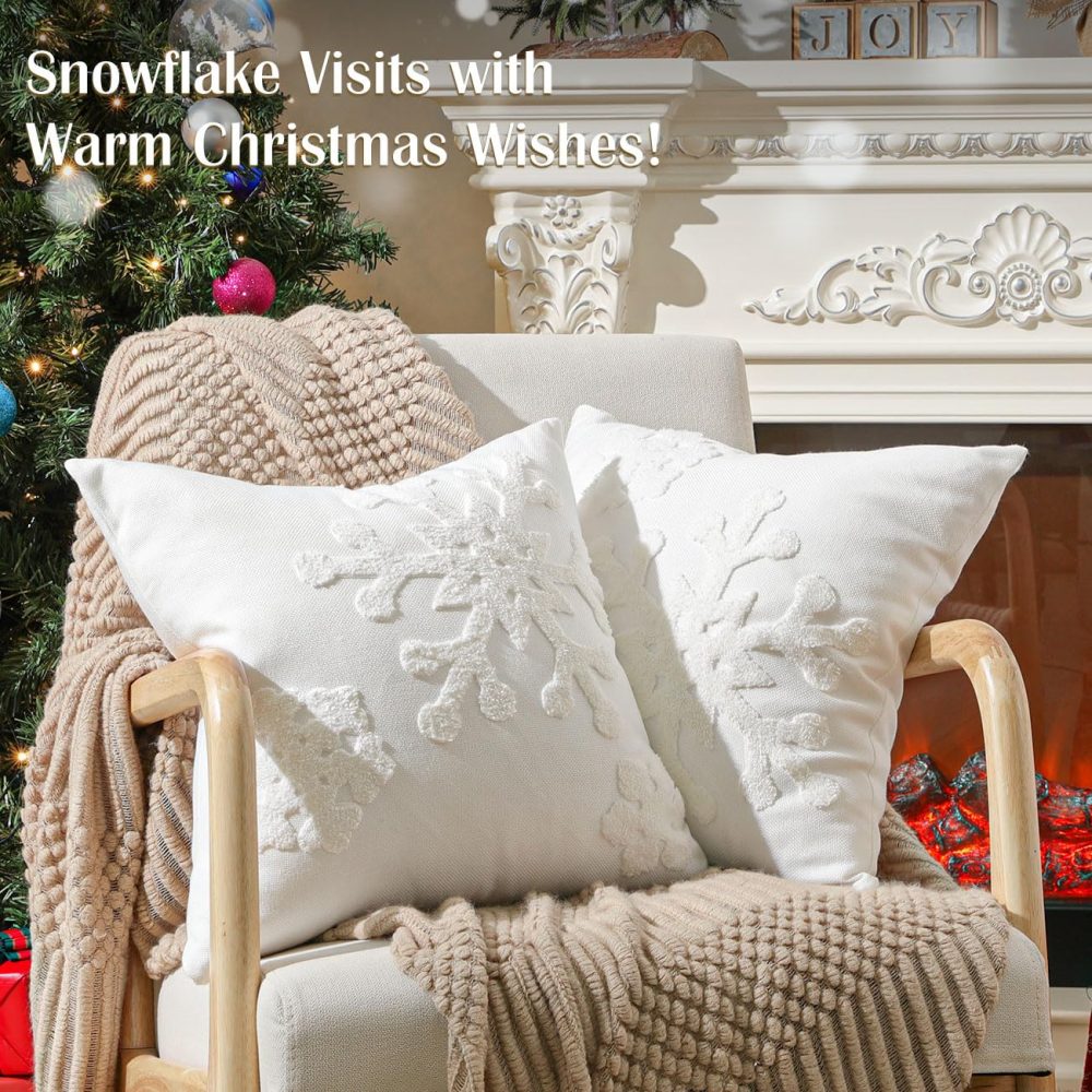 Lewondr Christmas Throw Pillow Cover, 2 Pack Snowflake Embroidery Decorative Throw Pillow Case Linen Sofa Cushion Cover for Party Thanksgiving Day Xmas Decor 16"x16"(40x40cm) - White - Image 7