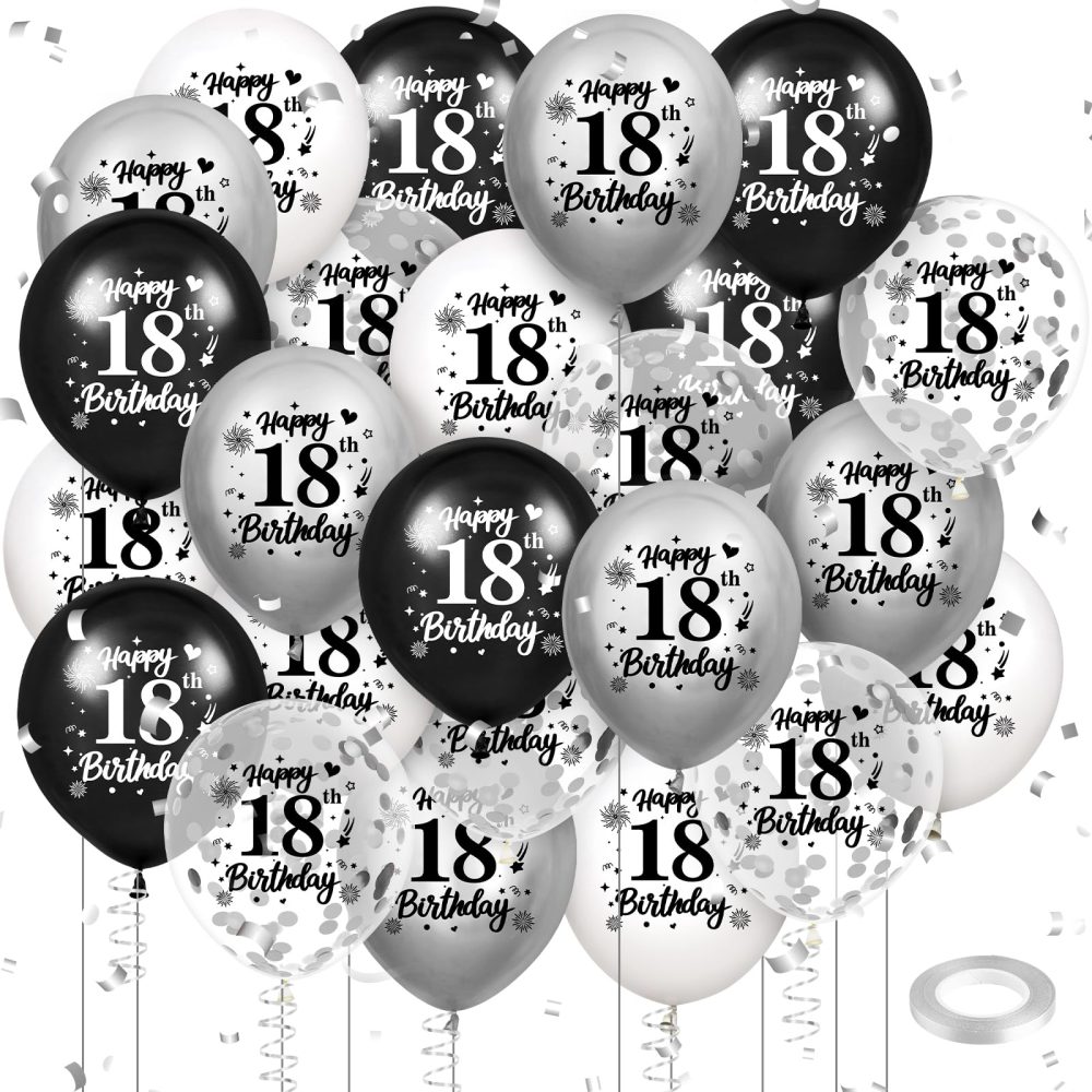 18th Birthday Balloons Decorations Black White Silver 24pcs Happy 18th Birthday Party Latex Confetti Balloons for Men Women Happy 18th Birthday Anniversary Party Supplies Decor 12 inches Outdoor