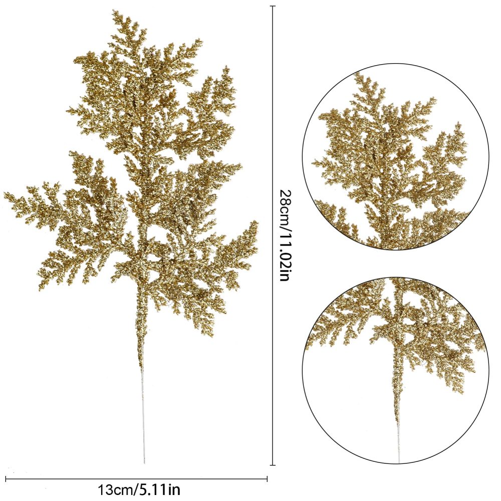 VEYLIN 10 Pcs Artificial Christmas Leaves Picks, Gold Glitter Branches for Xmas Tree Wreath Festival Decoration - Image 6
