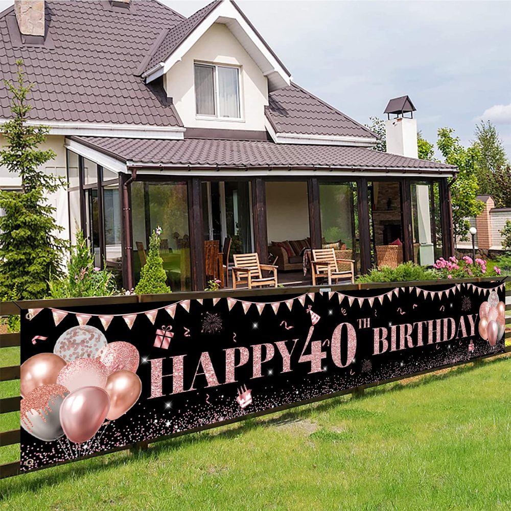 TUTUXMA Large Happy 40th Birthday Banner Black and Rose Gold Yard Sign Birthday Banner for Women Girl 40th Birthday Photo Backgroud Party Indoor Outdoor Decorations Supplies 118 × 19.6 Inch