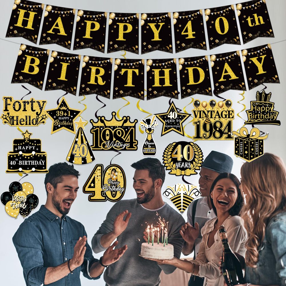 Luvart 40th Birthday Decoration - 40th Birthday Party Decorations 40th Birthday Hanging Swirls Decorations Happy 40th Birthday Banner Black Gold 1984 40th Birthday Supplies for Men Women - Image 2