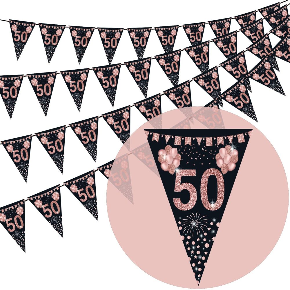 50th Birthday Bunting, Happy Banner Bunting Flags, 40 Pieces Triangle Rose Gold Glitter Diamond by Numbers 50th Birthday Anniversary Theme Party Decoration Supplies