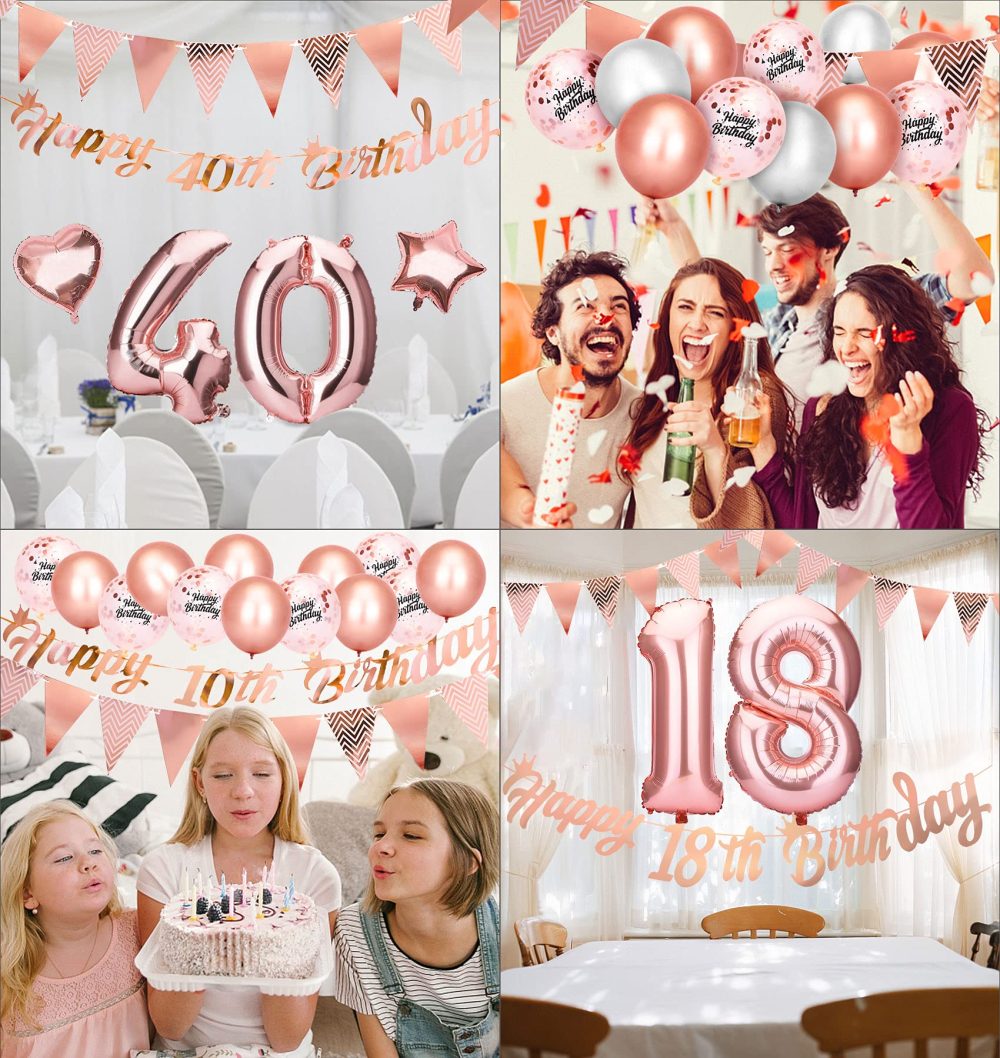 Beainfir 40th Birthday Decorations Set Include Rose Gold Happy 40th Birthday Banner,Triangle Flag Banner,Confetti Latex Balloons and Foil Balloons for Party Decoration Supplies for Girls and Boys - Image 2