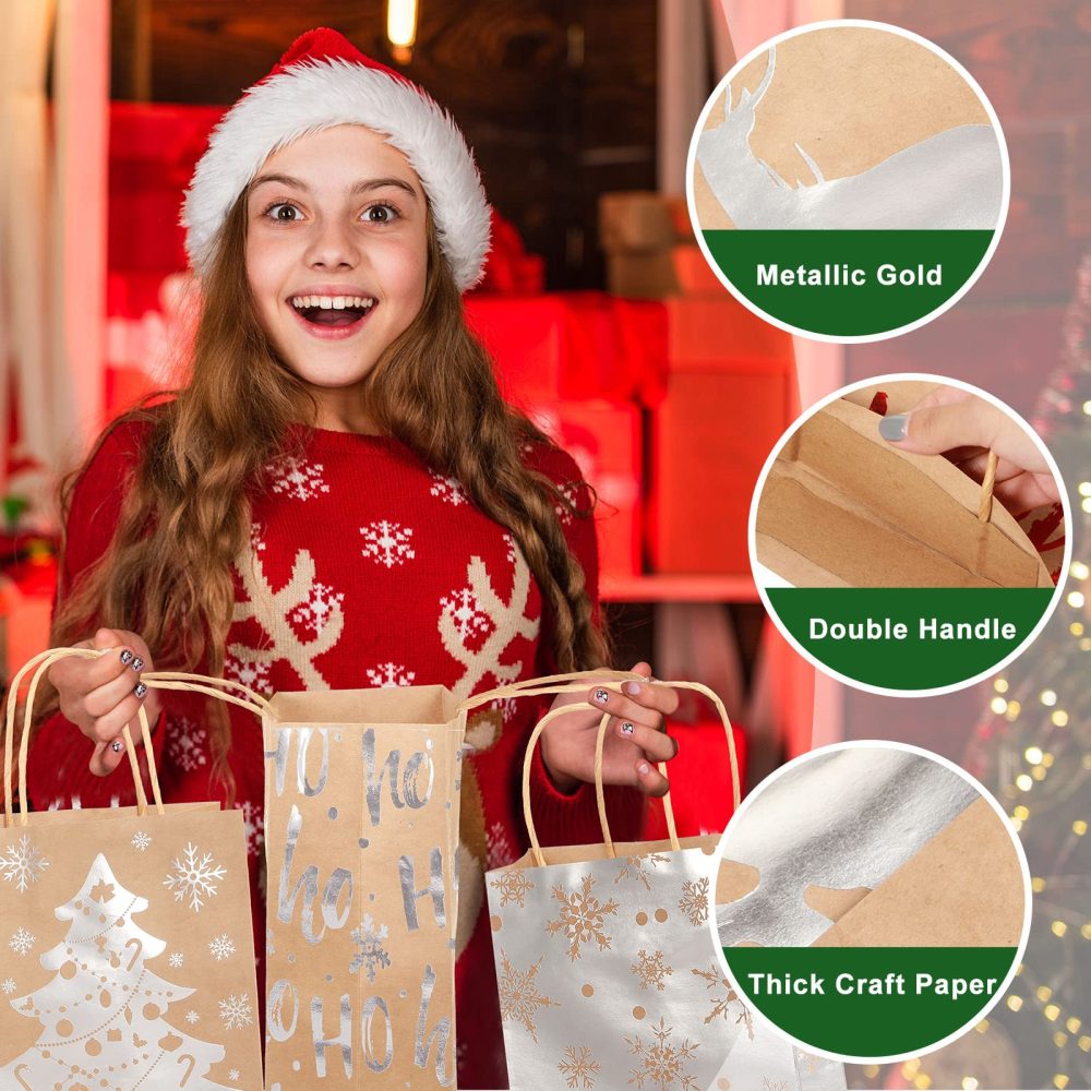 18 Pcs Christmas Kraft Paper Bag Bronzing Gift Bags Metallic Gold Gift Treat Goodie Bag Assorted Sizes Bulk Xmas Gift Wrapping Bag with Handle for Holiday New Year Party Packaging Decor (Silver) - Image 7
