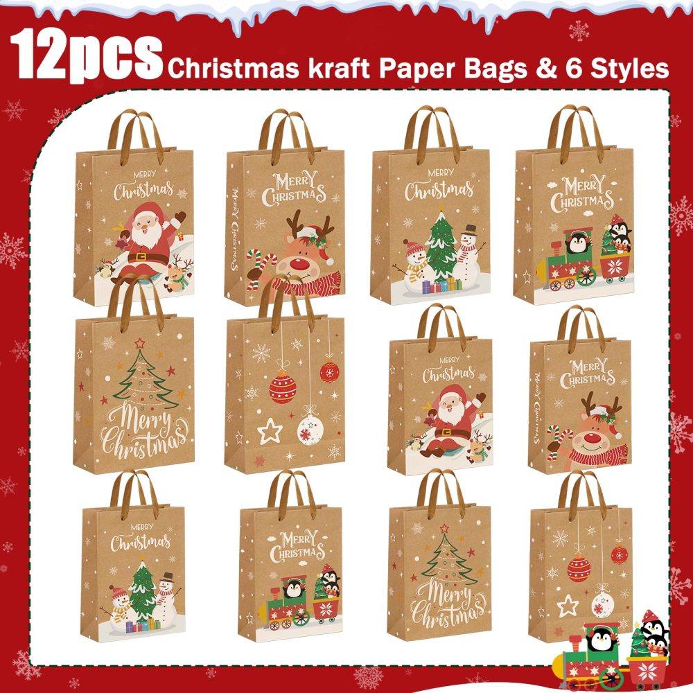 Christmas Brown Gift Bags 12 pcs,Xmas Paper Bags Multipack with Large and Small Sizes,Reusable Kraft Christmas Goody Bags with Handles for Presents,Perfect Paper Carrier Bags for Party,Sweets,Food - Image 9