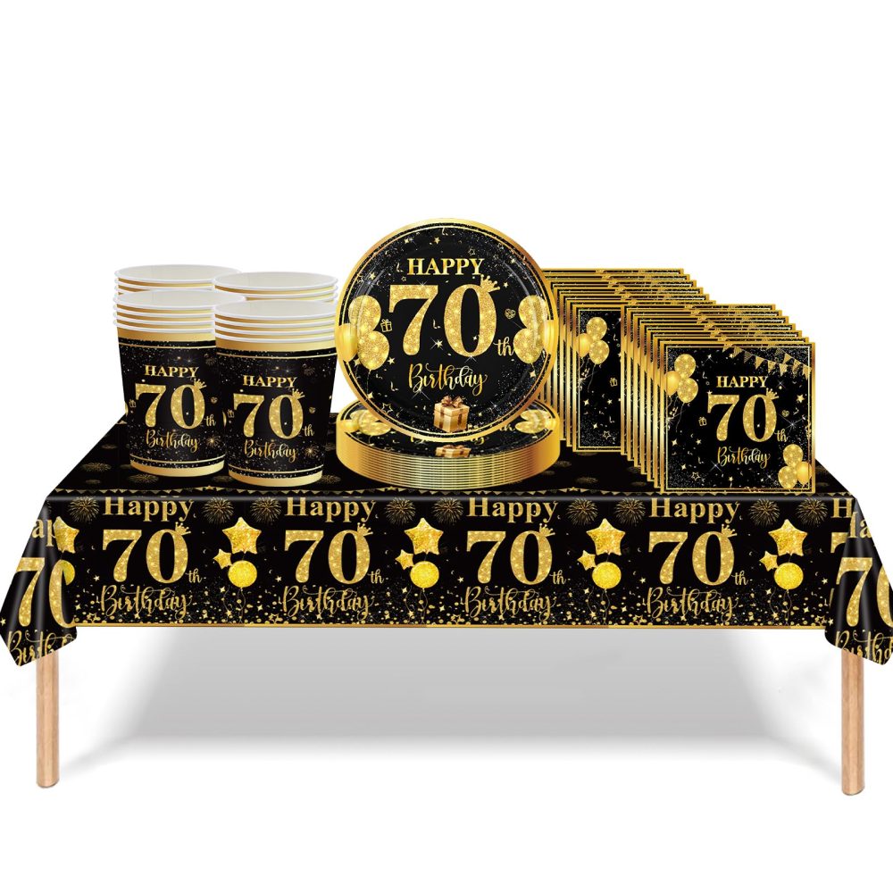 53Pcs Black Gold 70th Birthday Party Tableware Decorations,70th Birthday Table Cloth Plates and Napkins Cups Sets for Women Him Men Birthday Table Decor for 70th Birthday Gifts Dinnerware