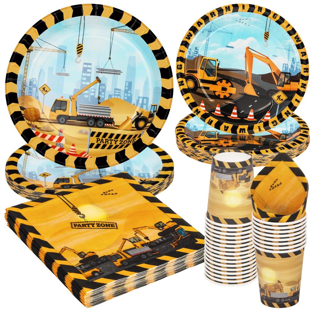 PARTY GO 96 Pcs Construction Birthday Tableware Set, Paper Plates Cups and Napkins, Disposable Dinnerware Party Supplies for Birthday Party Wedding Baby Shower Engagement Decorations Serve 24 Guests