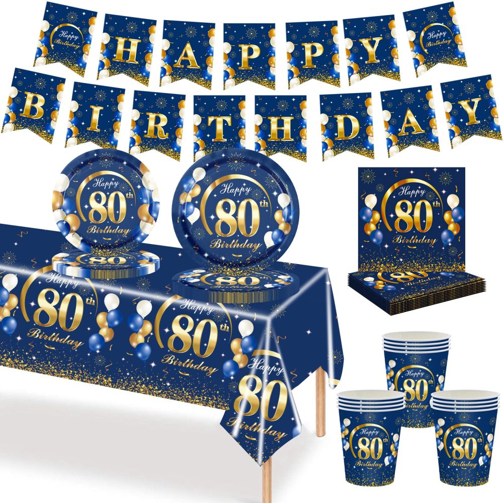 MORAINJAY 70P 80th Birthday Tableware Blue Gold,80th Birthday Cups Plates Napkins Tablecloth Paper,80th Birthday Table Decoration Set for Men Women 80th Birthday Party Supplies(16 Guests)