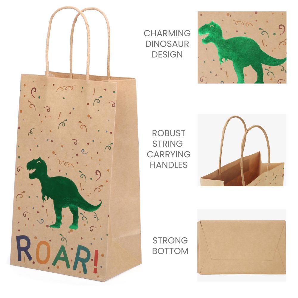 Belle Vous 24 Pack Paper Dinosaur Birthday Party Bags with Handle - Kids Dino Themed Pattern Party Favour, Goodie, Gift, Candy & Treat Loot Bag - Boys & Girls Baby Shower & Children Party Supplies - Image 5