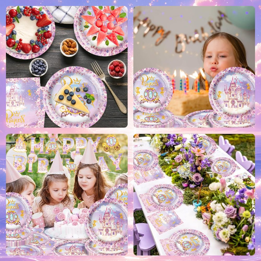 Princess Birthday Party Supplies Plates and Napkins Set for Girl, Purple Princess Castle Birthday Tableware Tablecloth for Girls Fairytale Princess Castle Theme Party Decorations, Serve 16 Guest - Image 2