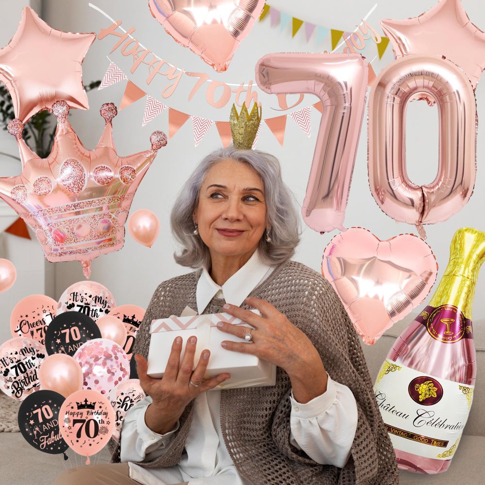 70th Birthday Decorations for Women - Rose Gold Balloons - 70th Rose Gold Birthday Decorations, Banner, Cake Topper, Cupcake Topper - Birthday Party Supplies Kit - Image 2