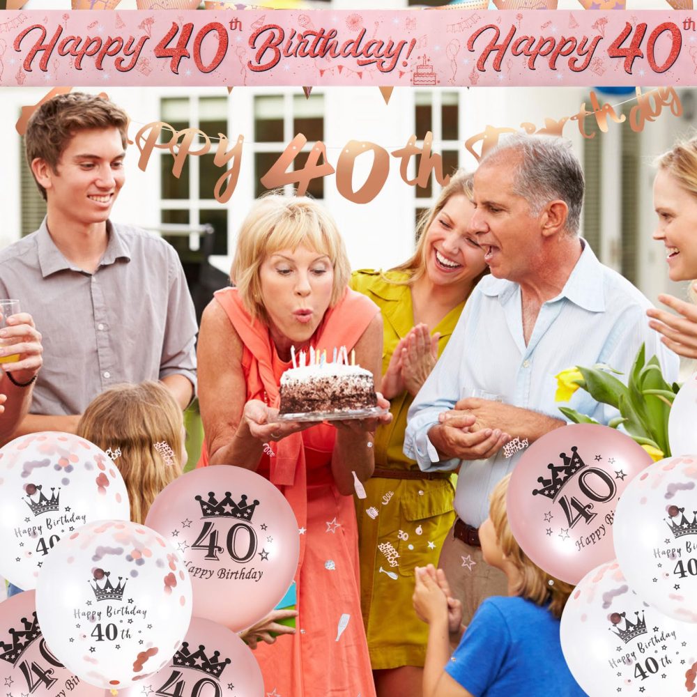 40th Birthday Decorations, Pink Gold 40th Birthday Set Include Happy 40th Birthday Banners Triangle Flag Banners Confetti Latex Balloons for Women and Men 40th Birthday Party Decoration Supplies - Image 3