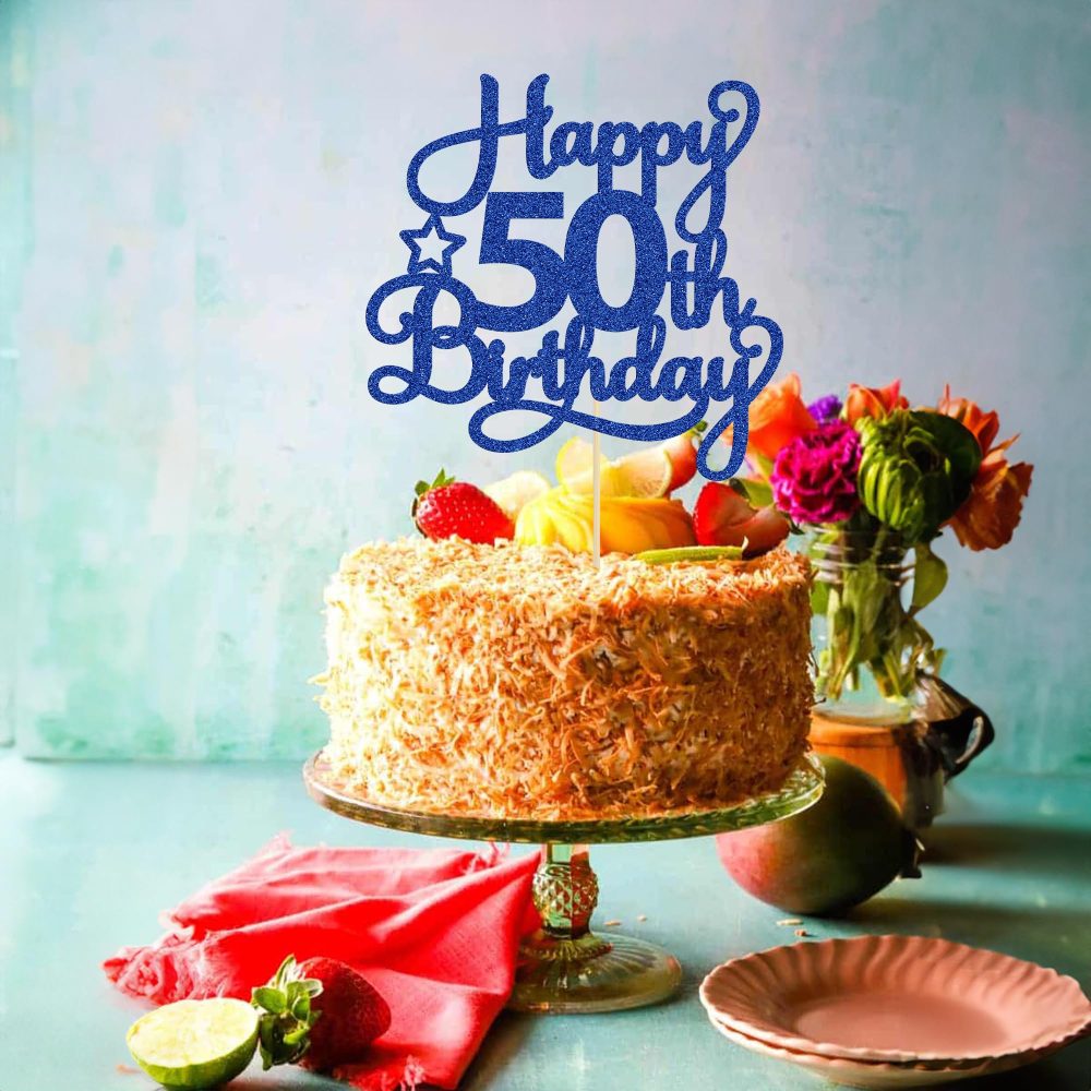 1 Pack Happy 50th Birthday Cake Topper Blue Glitter 50 & Fabulous Cheers to 50 Years Old 50th Birthday Cake Pick for Celebrating 50th Birthday Anniversary Party Cake Decorations Supplies - Image 2