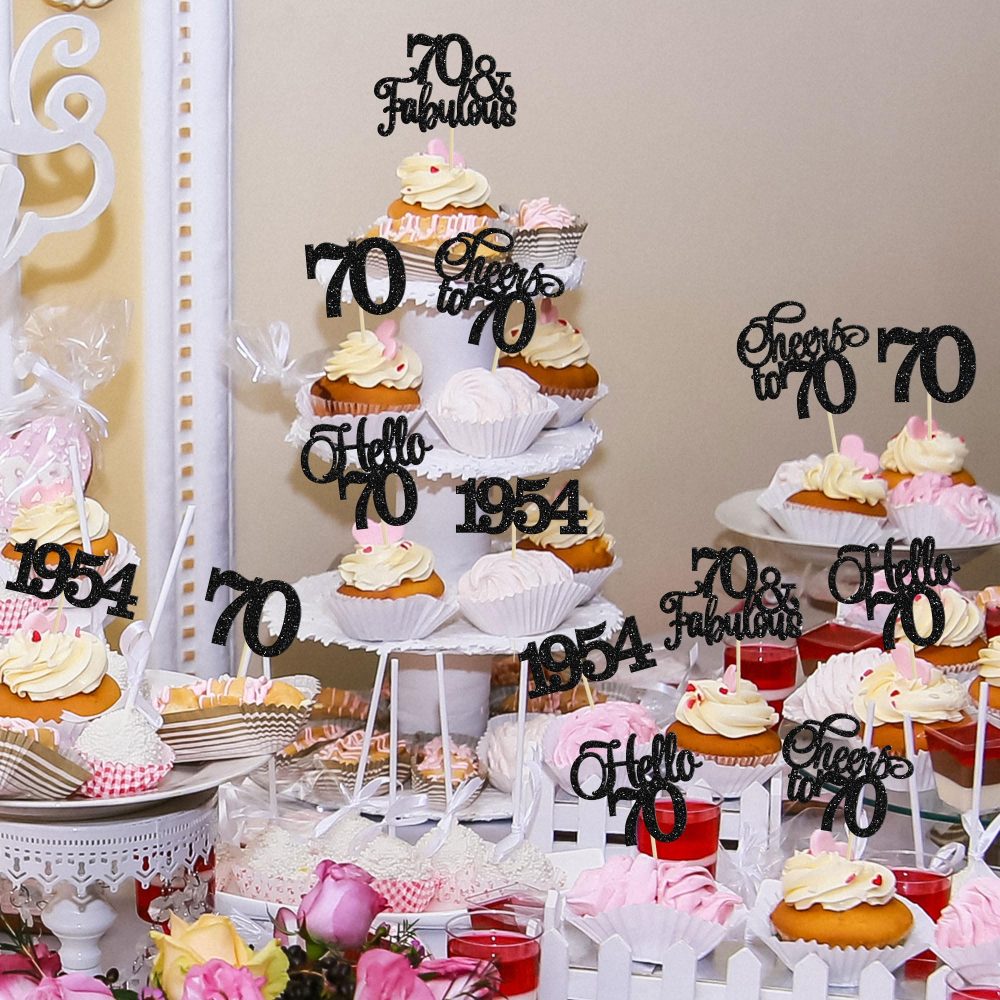Gyufise 30Pcs 70th Birthday Cupcake Toppers 70 Fabulous Cupcake Picks Cheers to 70 1954 Cake Decorations for Happy 70th Birthday Wedding Anniversary Party Decoration Supplies Black - Image 3