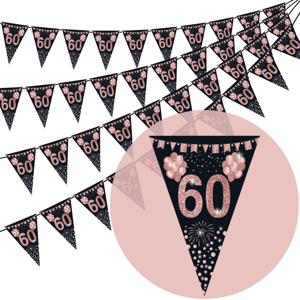 60th birthday bunting, Happy Banner Bunting Flags, 40 Pieces Triangle Rose Gold Glitter Diamond by Numbers 60th Birthday Anniversary Theme Party Decoration Supplies