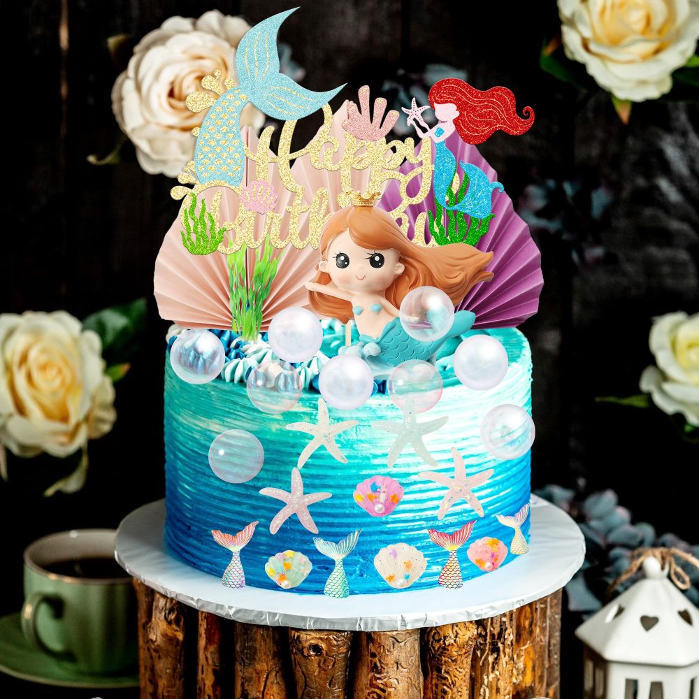Gyufise 32Pcs 3D Mermaid Under the Sea Cake Toppers Set Mermaid Tail Starfish Seaweed Shell Bubble Palm Leaf Cupcake Picks for Under the Sea Theme Baby Shower Birthday Party Cake Decorations Supplies - Image 4