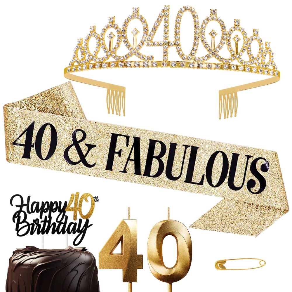 40th Birthday Sash and Tiara Crown Gold 40th Sash Rhinestone Tiara Crown 40th Birthday Number Candles Cake Toppers for Women 40th Birthday Gift Party Decorations Supplies