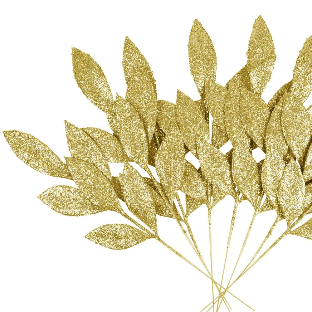 VEYLIN Christmas Glitter Bay Leaf, 12Pcs Artificial Christmas Tree Picks Sprays for Christmas Tree Wreath Floral Wedding Bouquet Decoration(Gold) - Image 4