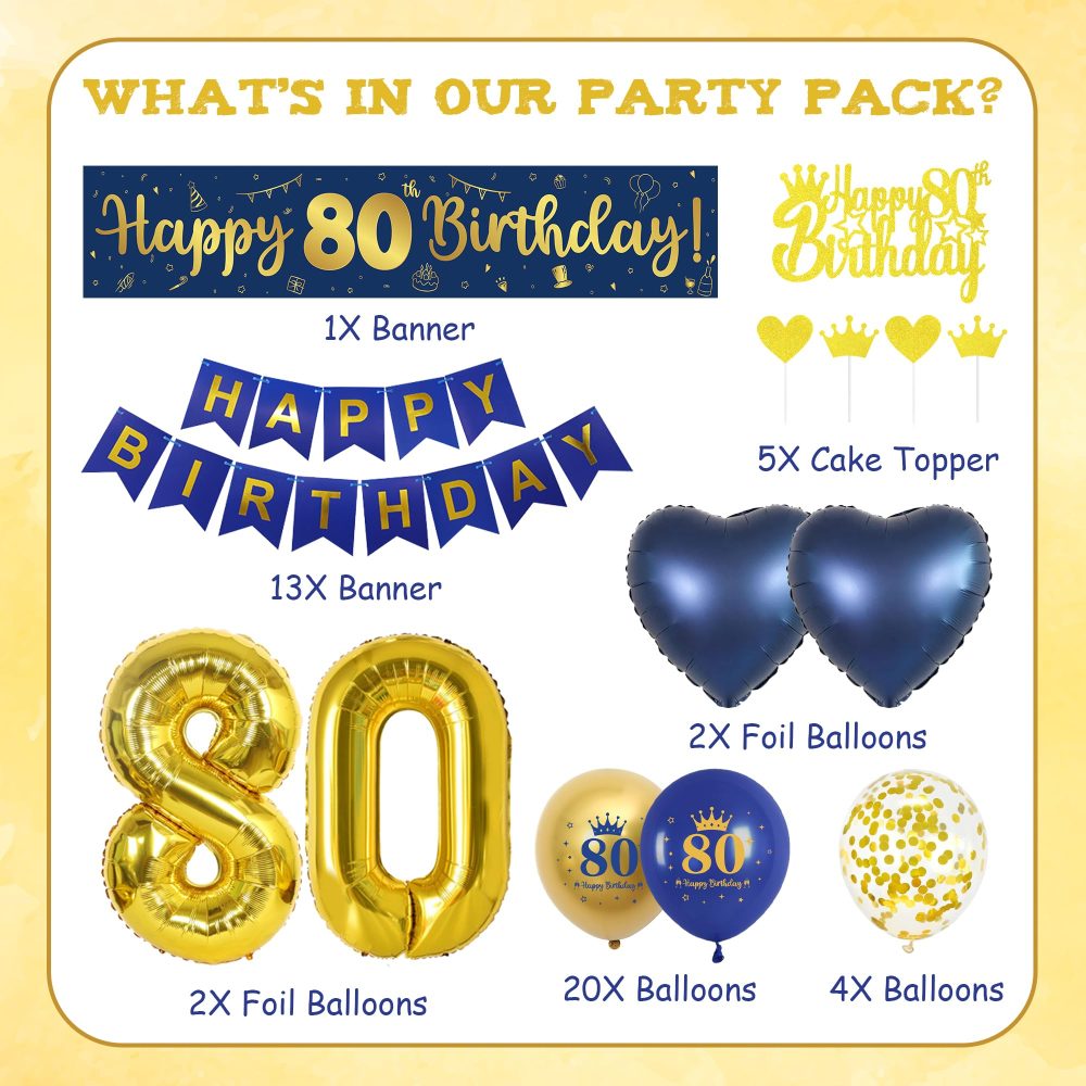 80th Birthday Decorations Men Navy - 47 Pieces Navy Blue Gold 80th Birthday Party Decor, Happy Birthday Banners, Number 80 Balloon, Cake Topper, Love Foil Balloons for Mens 80 Birthday Supplies - Image 7