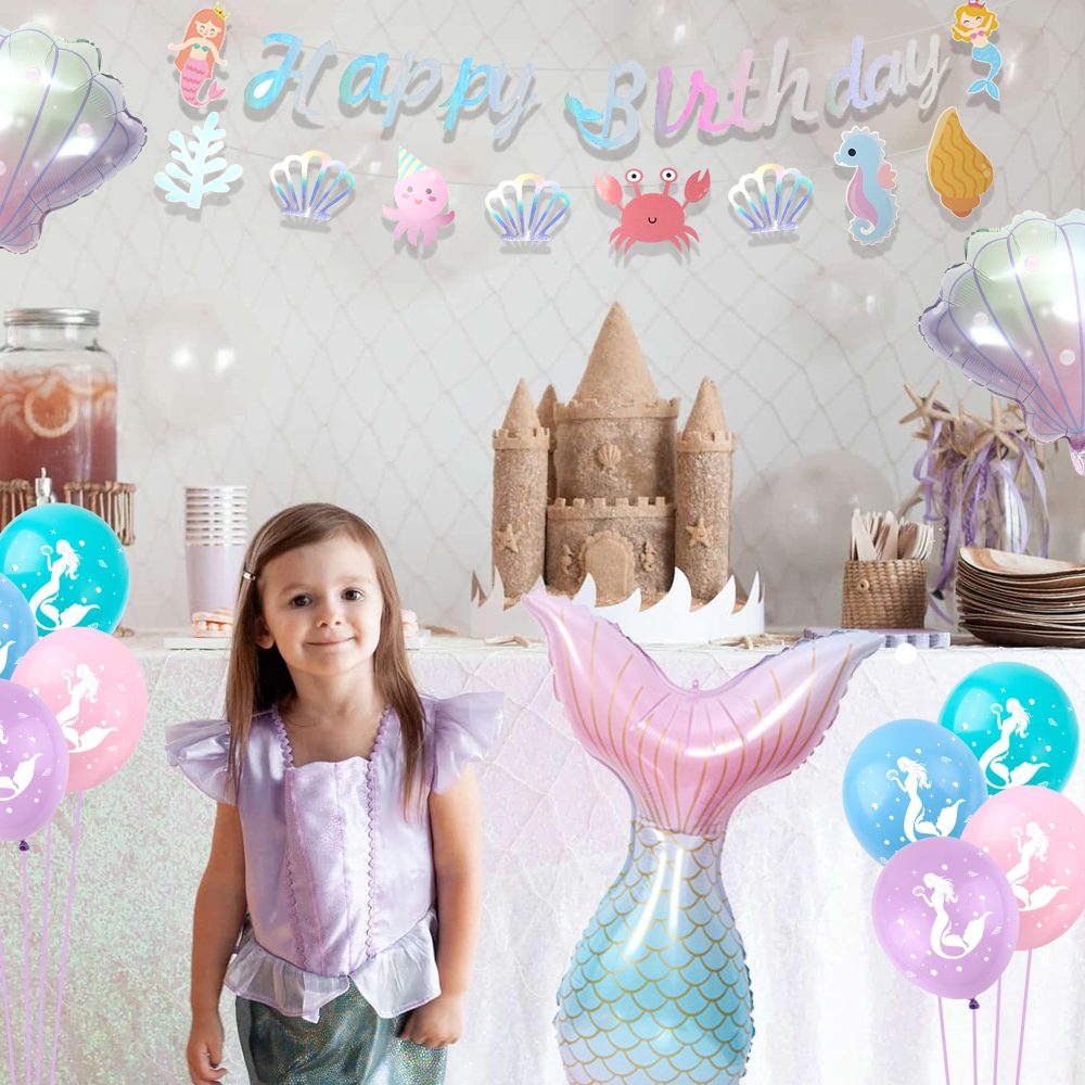 Mermaid Balloons Mermaid Birthday Decoration - 28 Pieces Mermaid Party Decorations, Mermaid Tail Balloon, Shell Balloon, Round Foil Balloon, Latex Balloons, For Kids Girls Birthday Mermaid Theme Party - Image 3