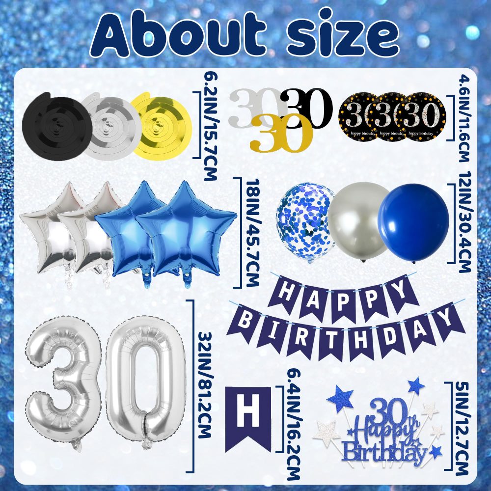 Blue Silver 30th Birthday Decorations - 53 Pieces 30th Birthday Party Decor Happy Birthday Banner Number 30 Foil Balloon Swirl Latex Balloons Cake Topper for Men Women 30th Birthday Party Supplies - Image 6