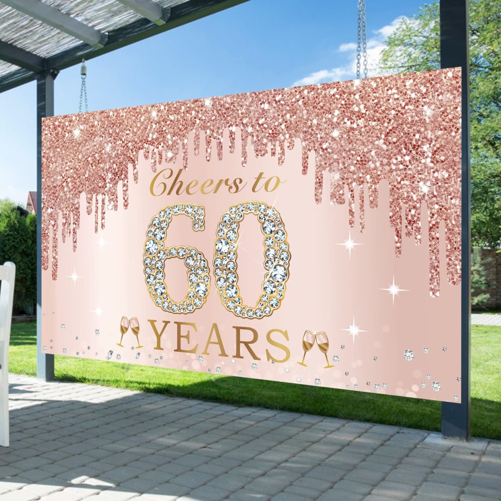 Large Cheers to 60 Years Birthday Decorations for Women, Pink Rose Gold Happy 60th Birthday Banner Backdrop Party Supplies, Sixty Birthday Poster Background Sign Decor - Image 5