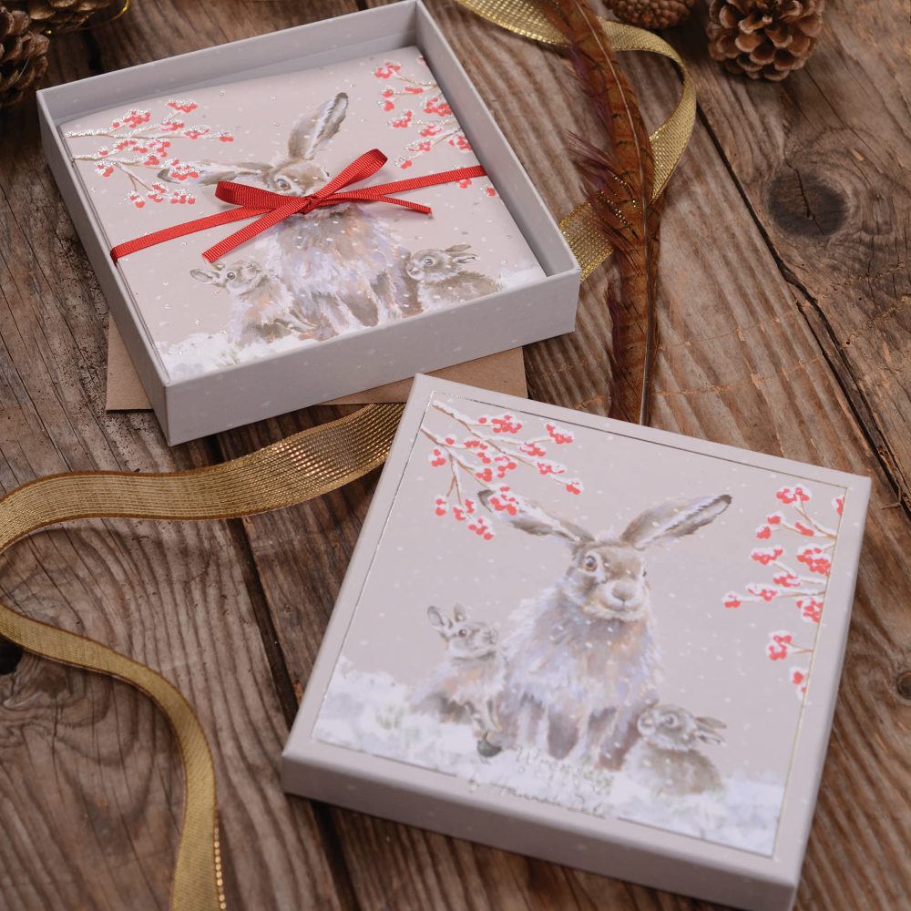Wrendale Set of 8 Christmas Greetings Cards (LXB009) - 'Snowfall' Winter Rabbits & Berries Design Christmas Cards in Box
