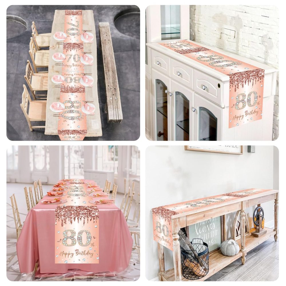 80th Birthday Table Runner for Women Her Rose Gold Happy 80th Birthday Table Runner 80 Years Old Birthday Celebration Party Decorations Non-Slip Dining Table Linen Cover Cloth Decor, 180x35cm Long - Image 4