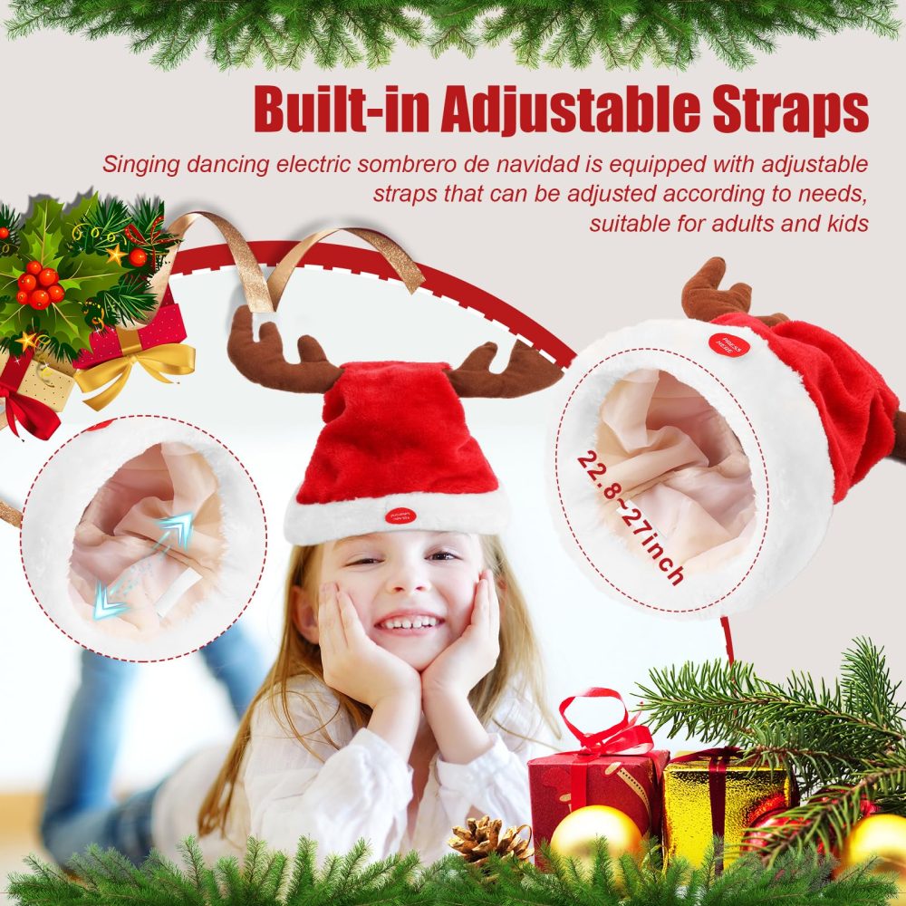 Gfilay Singing and Dancing Electric Santa Hat with Reindeer Antlers - Funny Novelty Musical Interactive Swinging Christmas Hats Waving and Singing for Adults Kids Xmas Gift - Image 6