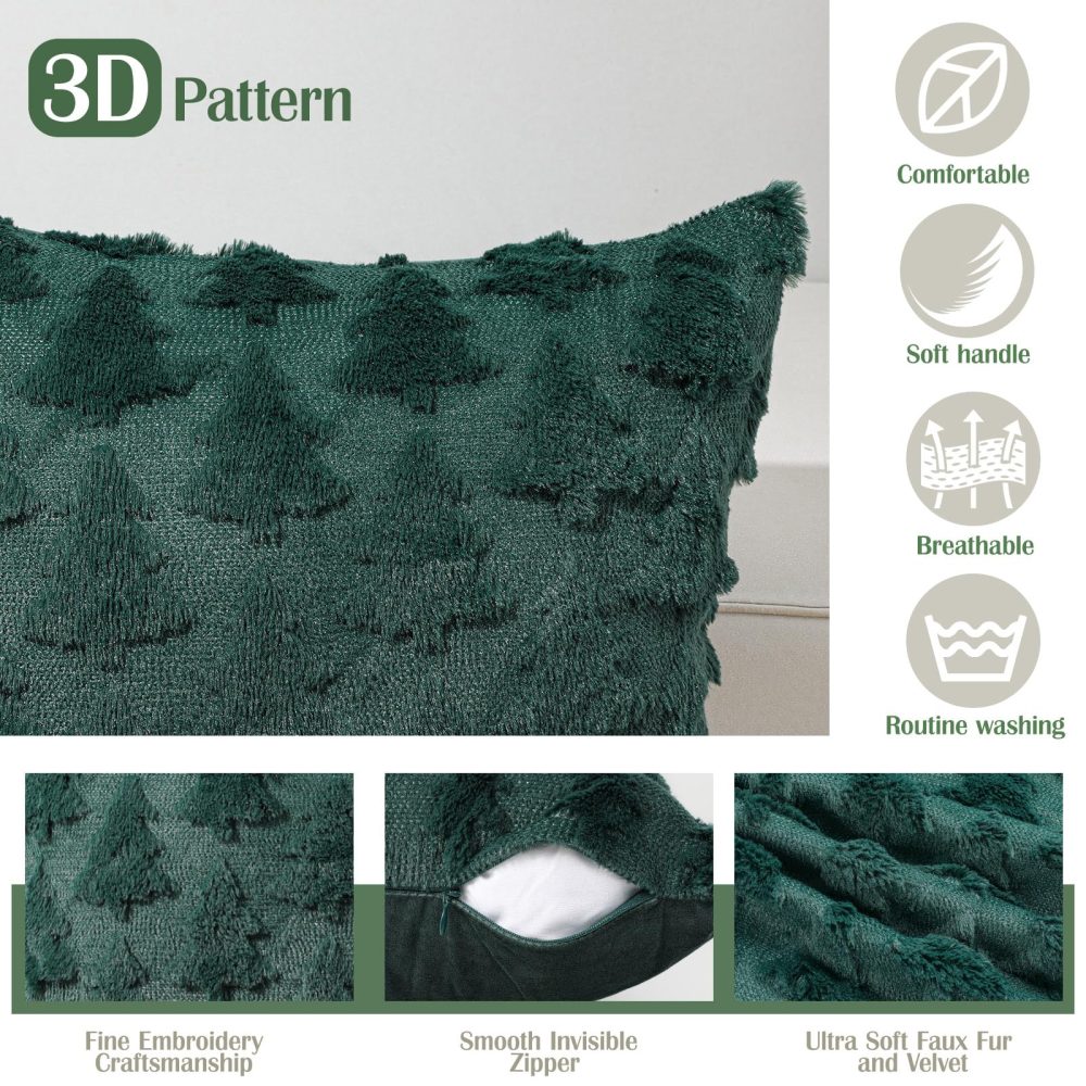 Lewondr Christmas Throw Pillow Cover 18x18, Set of 2 Super Soft Faux Fur Pillow Covers Velvet Christmas Tree Embroidery Decorative Throw Pillowcase for Living Room Bed Couch Sofa Car Home Decor, Green - Image 5