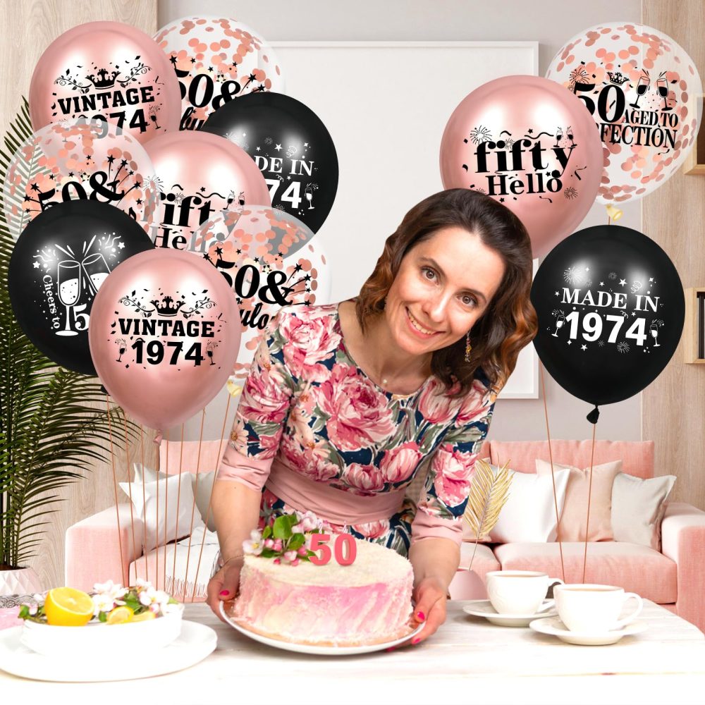 50th Birthday Balloons for Women 18Pcs Rose Gold and Black 1974 Balloons 50th Birthday Party Decorations 12 inch Vintage Confetti Latex Balloons Party Supplies for 50th Birthday Anniversary Party - Image 4