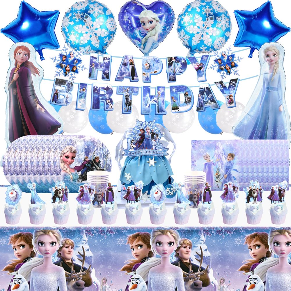 Frozen Birthday Party Decorations, 83 PCS Dreamly Frozen Birthday Party Supplies Set Include Birthday Banner, Balloons, Cake Toppers, Cupcake Toppers, Tablecloth, Cups, Plates and Napkins