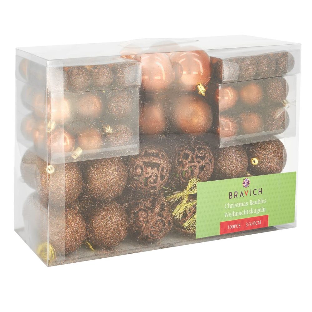 Bravich 100 Pieces Shatterproof Baubles Set. Christmas Tree Decorations Ornament Balls With Hooks & String Hanging. Home Decor 3,4 & 6 CM Baubles-Matt, Shiny & Glitter Finish-Brown