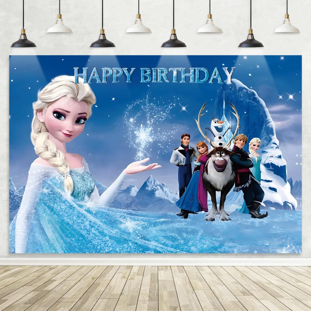 5x3FT Frozen Backdrop, Birthday Party Decorations Photography Backdrop, Princess Theme Party Supplies Backdrop, Happy Birthday Banner Background for Kids Boys Girl