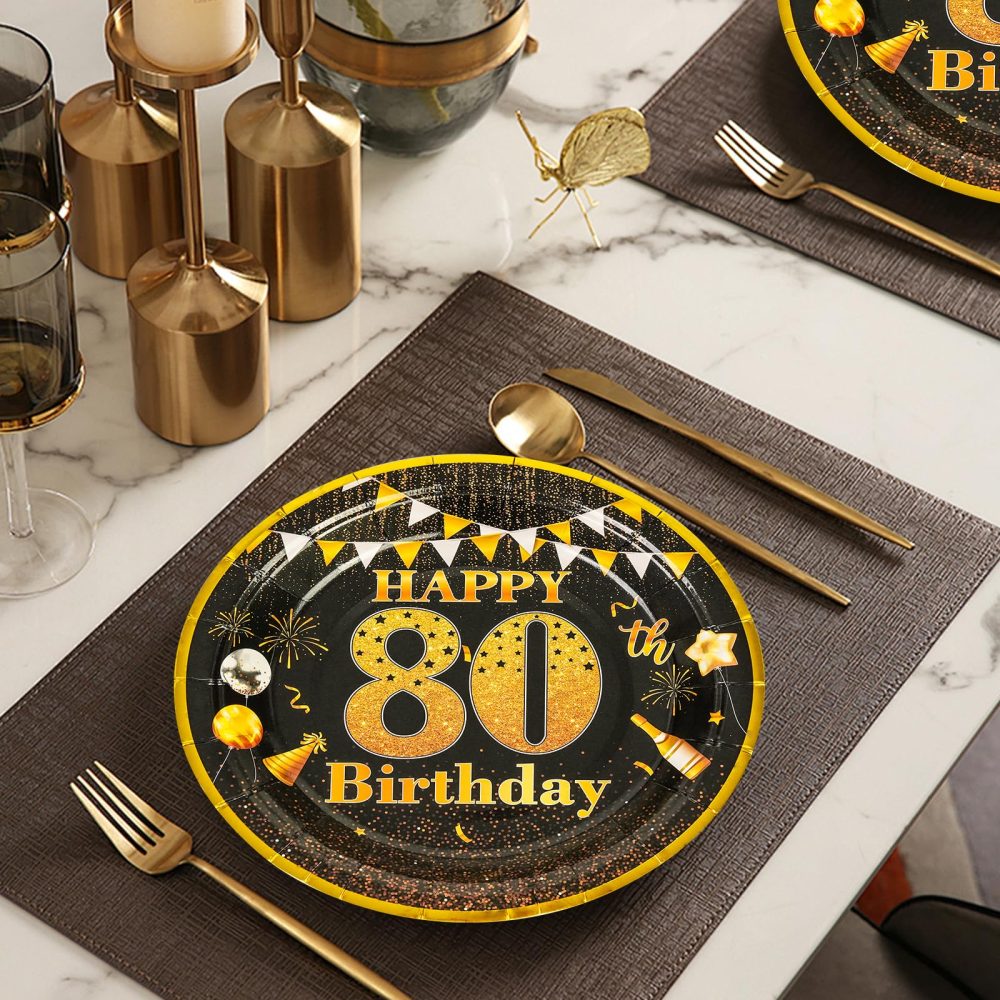 AHPYEUHK Birthday Paper Plates 7" Party Cake Dessert Plates Decorations Disposable Tableware Party Supplies (80th Black) - Image 2