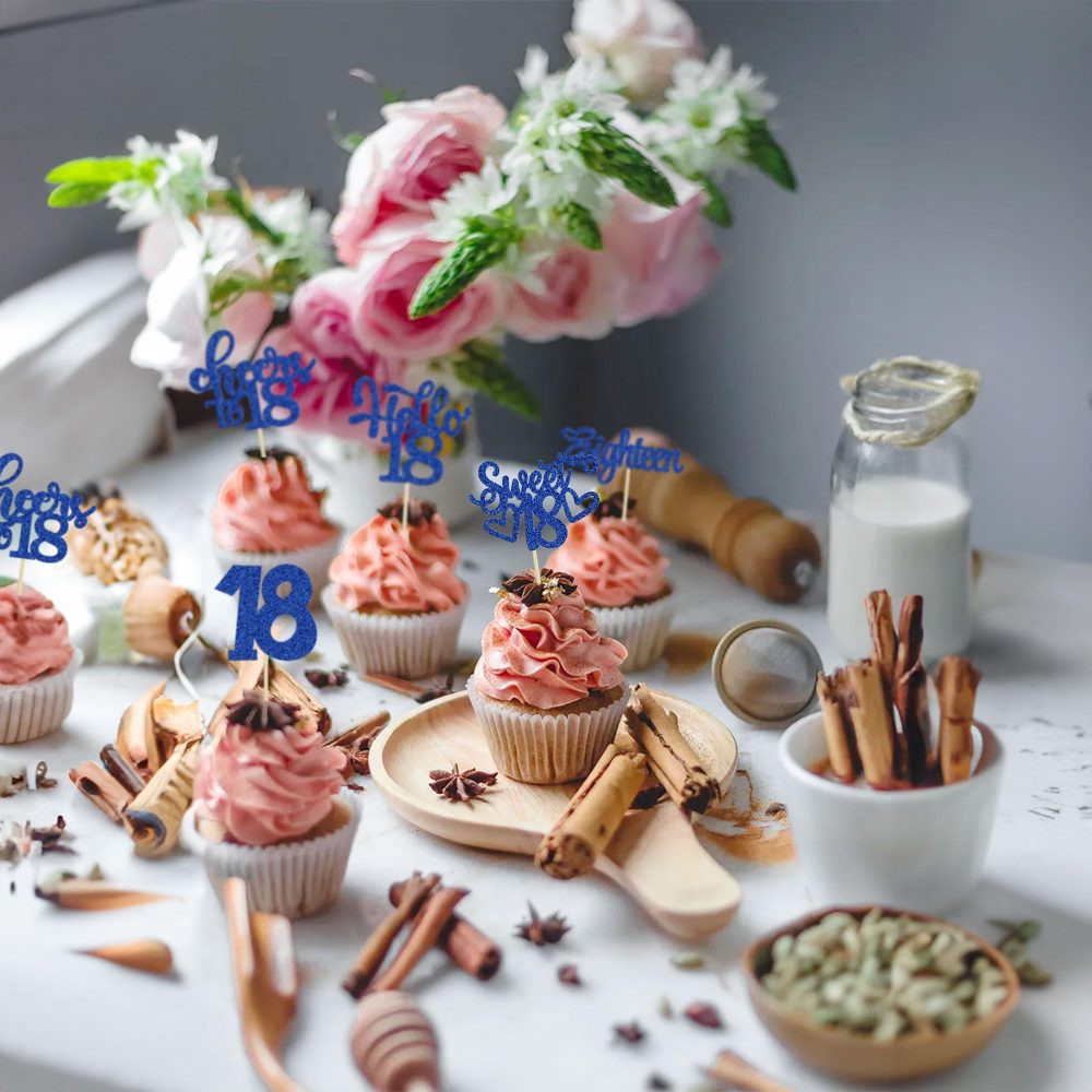 30Pcs18th Birthday Cupcake Toppers Eighteen Happy 18th Cupcake Picks Sweet 18 Cheers to 18 Cake Decorations for 18th Birthday Anniversary Party Supplies Deep Blue Glitter - Image 3